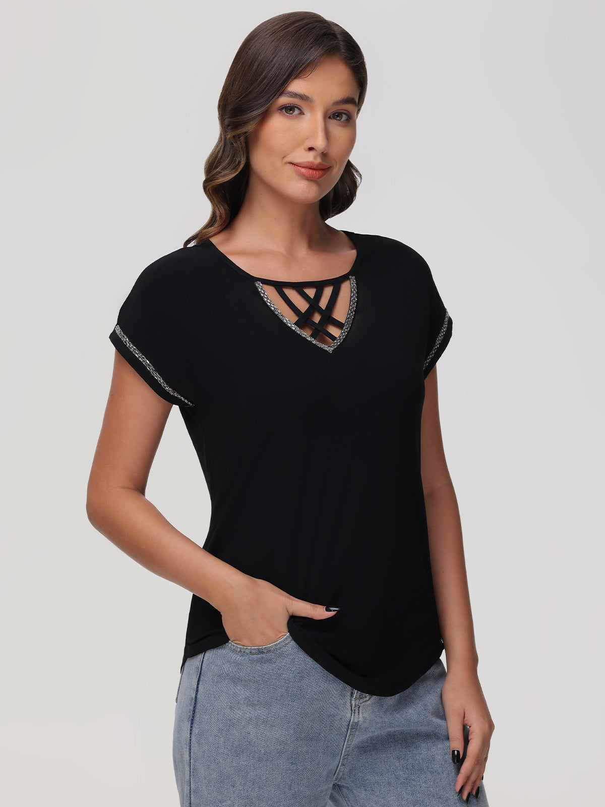 Lace Up Jeweled Dolman Top