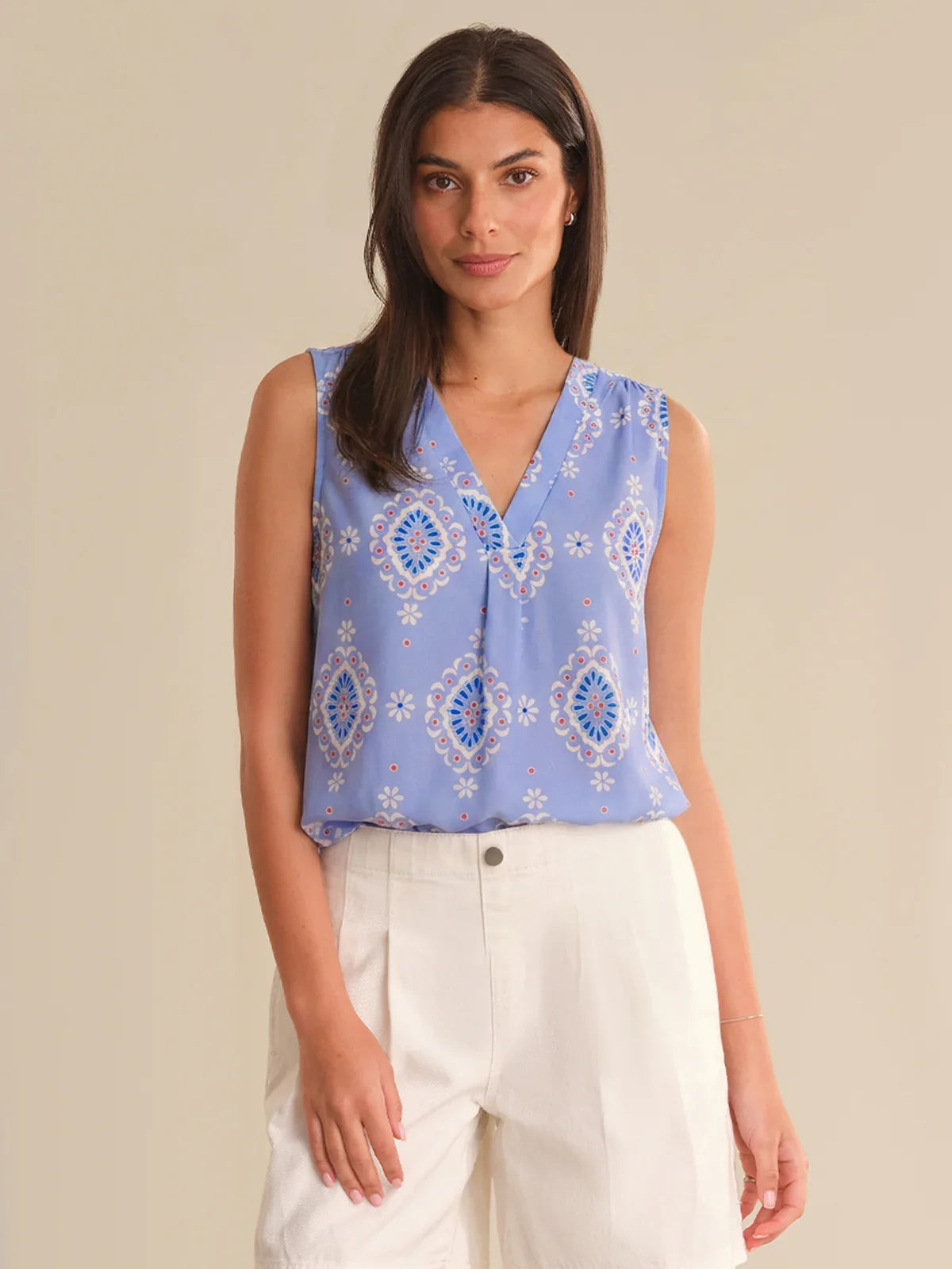 89th & Madison V-Neck Smocked Shoulder Cool Feel Top
