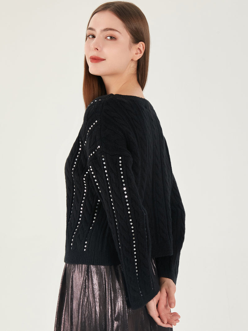 Boatneck Sequin Cable Sweater