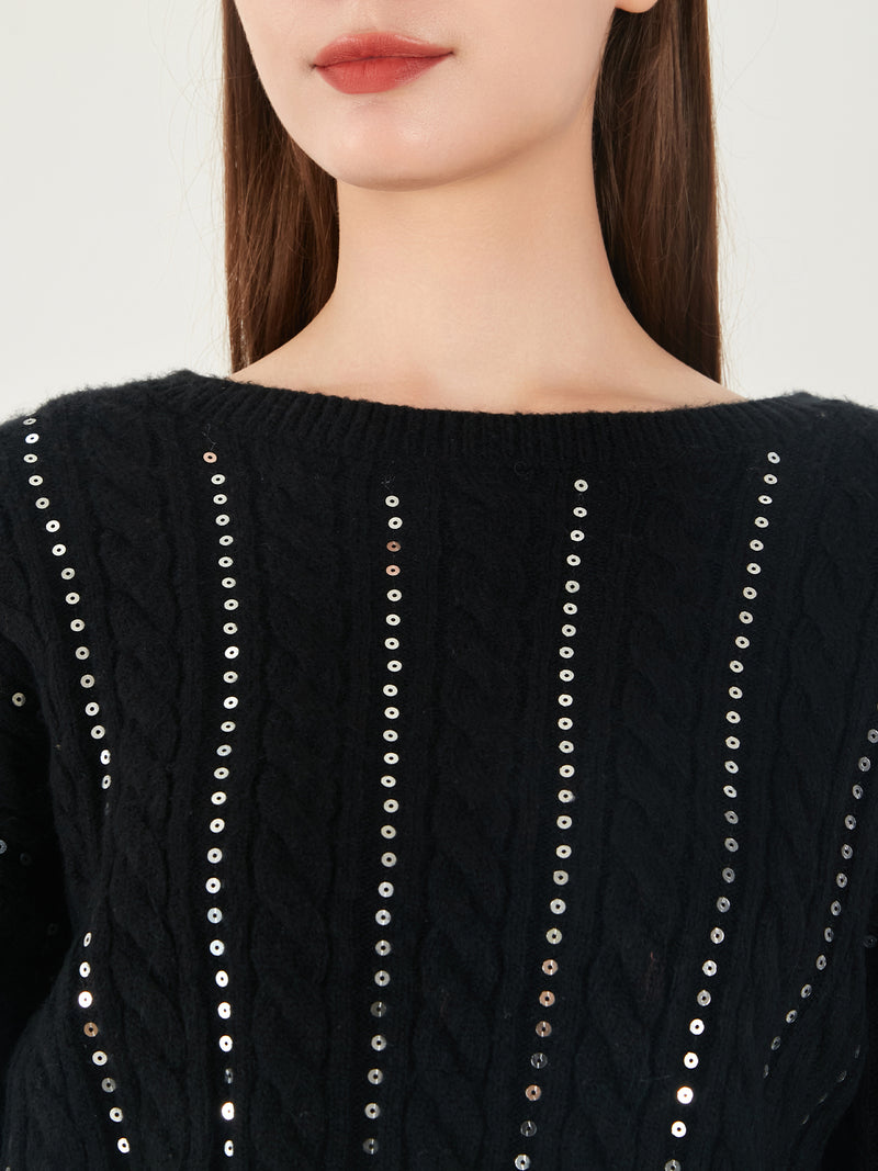 Boatneck Sequin Cable Sweater