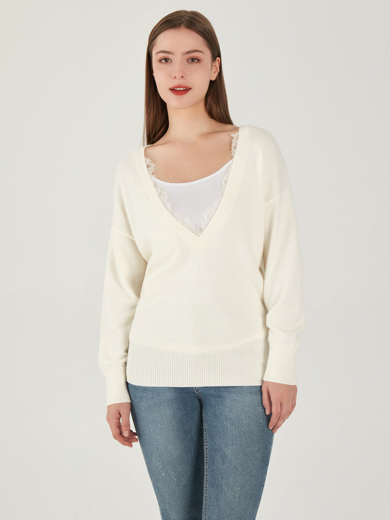 Lace Inset V-Neck Pullover