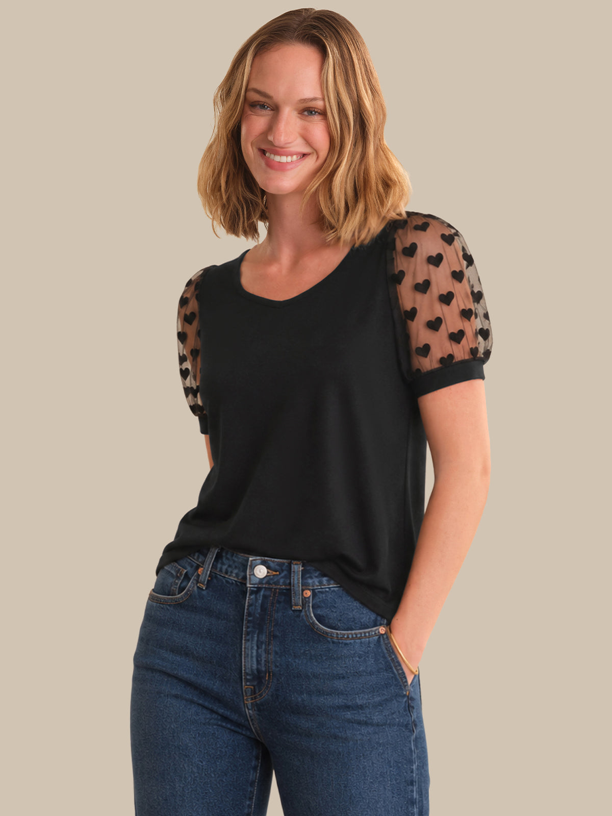 Hearts Puff Sleeve Cool Feel Top