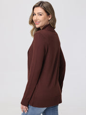 Woman wearing a brown cardigan on a white background