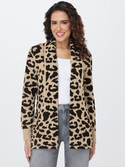 Woman wearing a leopard print cardigan on a white background