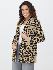 Woman wearing a leopard print cardigan on a white background