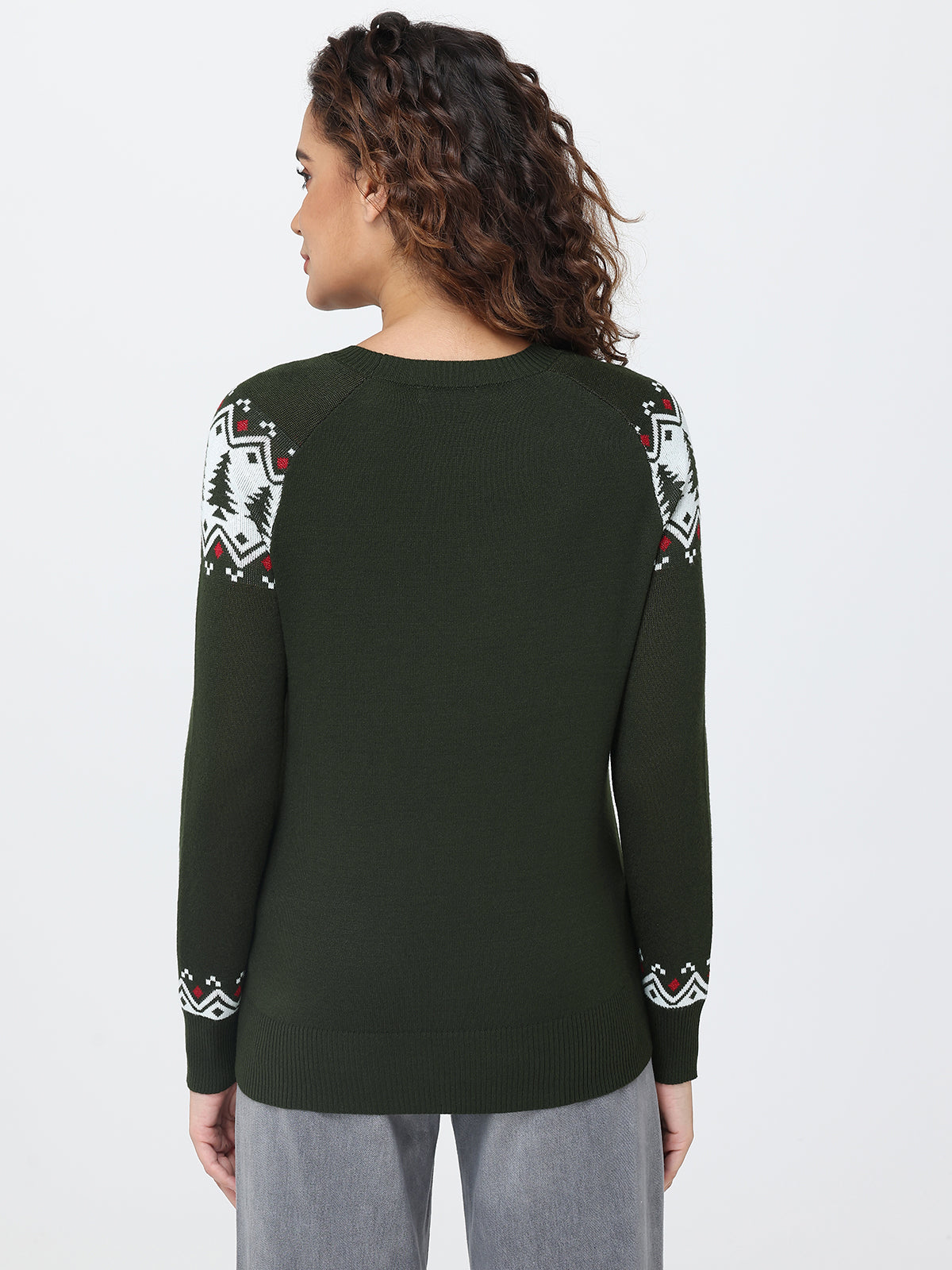 Person wearing a green sweater with patterned sleeves on a white background