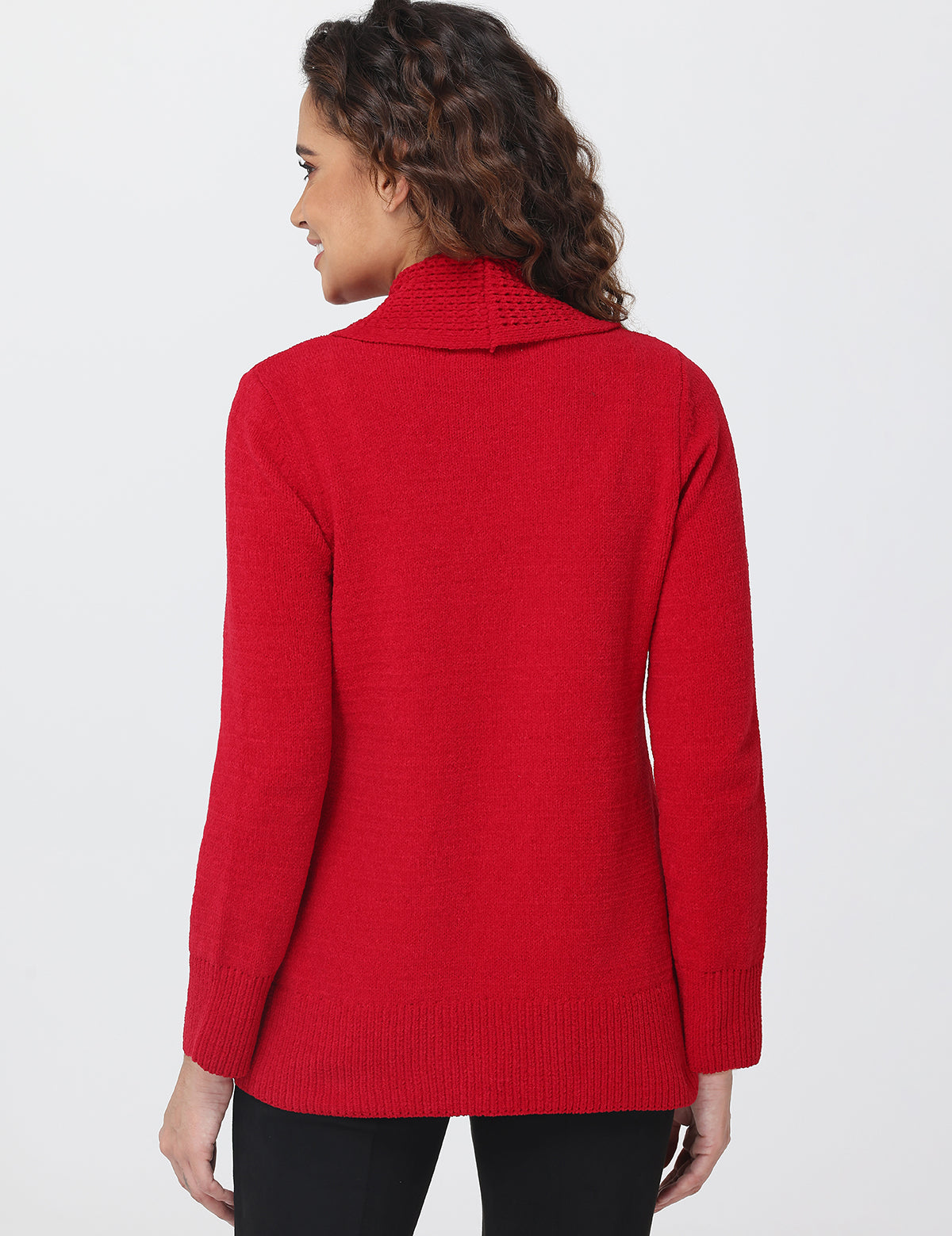 Woman wearing a red sweater on a white background