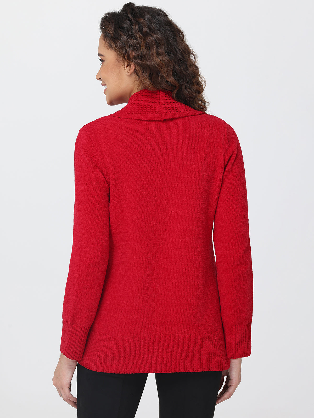 Woman wearing a red sweater on a white background