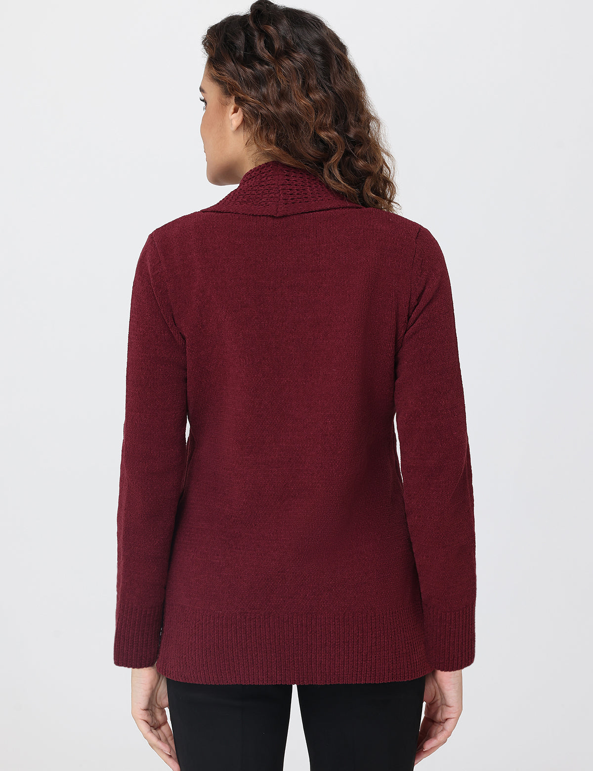Maroon cardigan worn by a person on a white background
