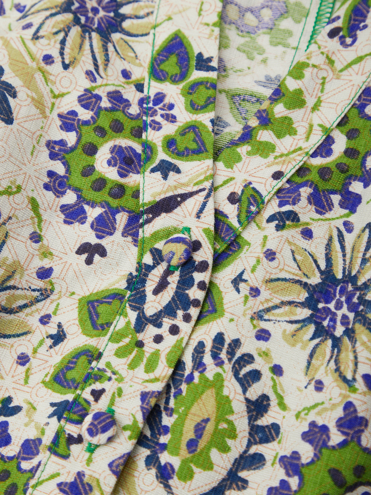 Close-up of fabric with a green and blue floral pattern