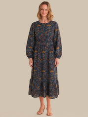 Woman wearing a floral dress on a beige background