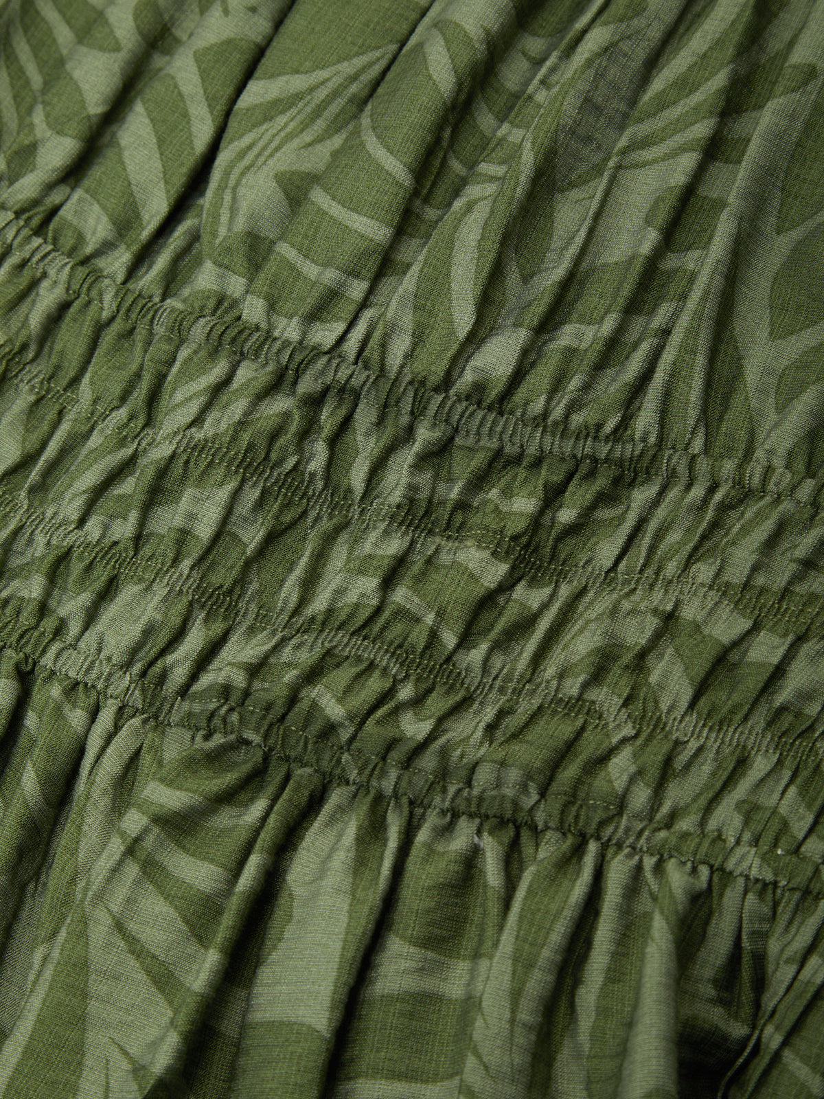 Close-up of green patterned fabric with an elastic waistband