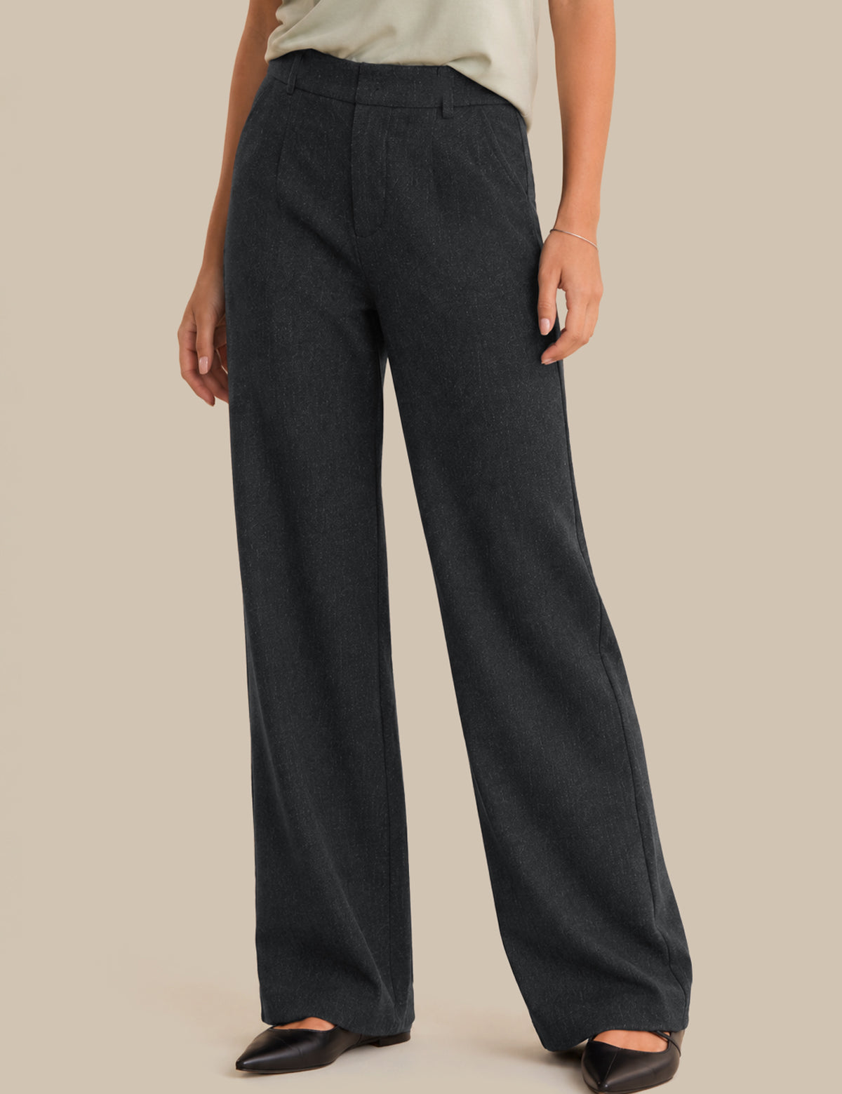 A model wearing dark charcoal gray wide-leg trousers, paired with a light beige top and black pointed flats, against a solid beige background.
