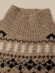 Close-up of a ribbed knit turtleneck sweater in a heathered taupe-brown color, featuring a Fair Isle pattern with cream and dark brown motifs.