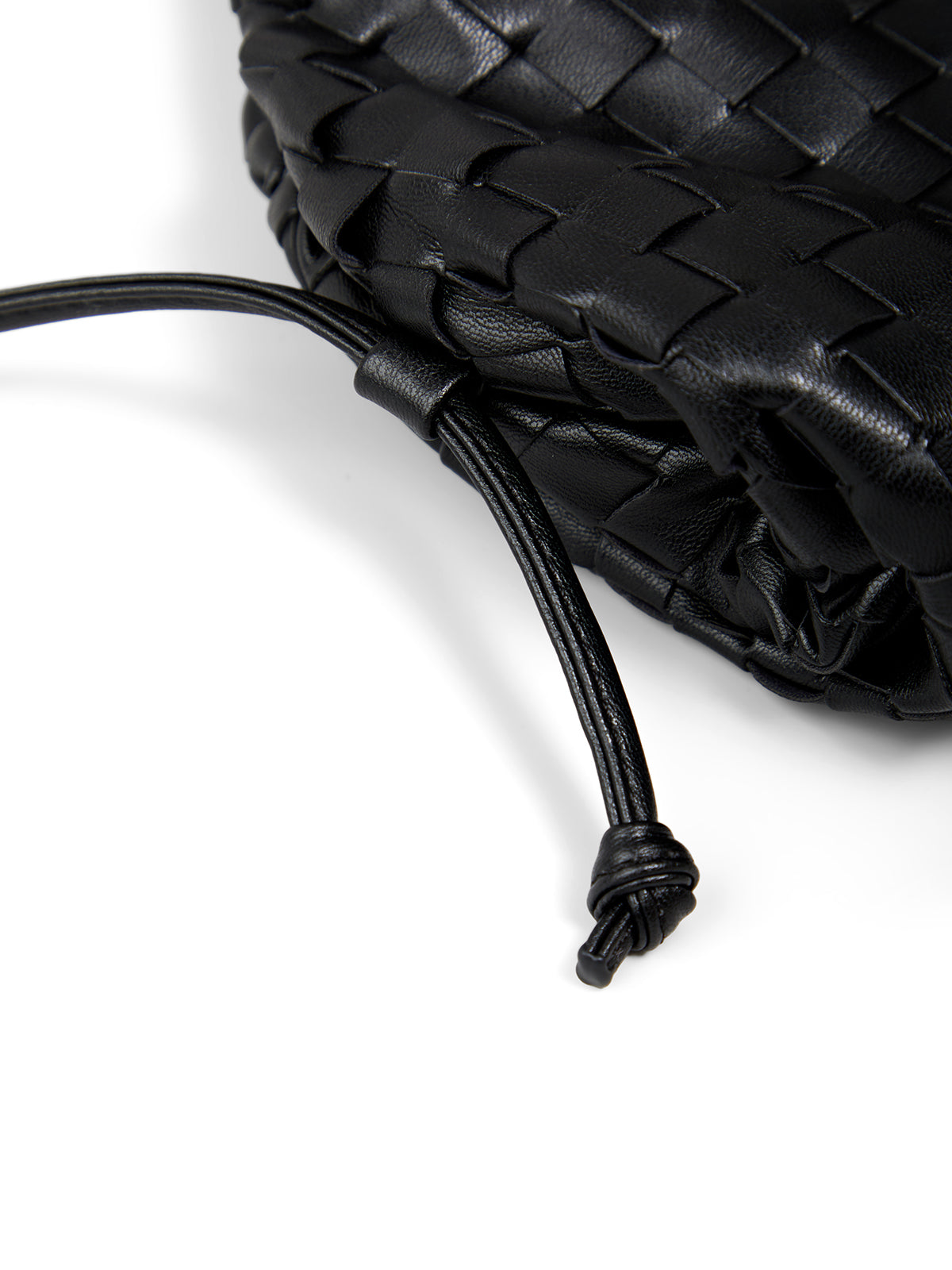 Black woven leather bag with drawstring on a white background