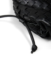 Black woven leather bag with drawstring on a white background
