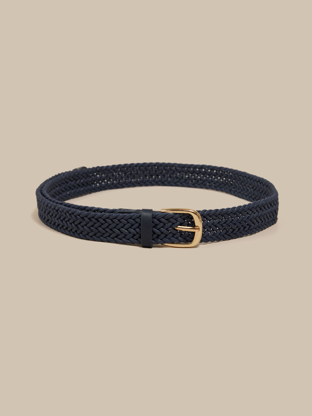Navy braided belt with a gold buckle on a beige background