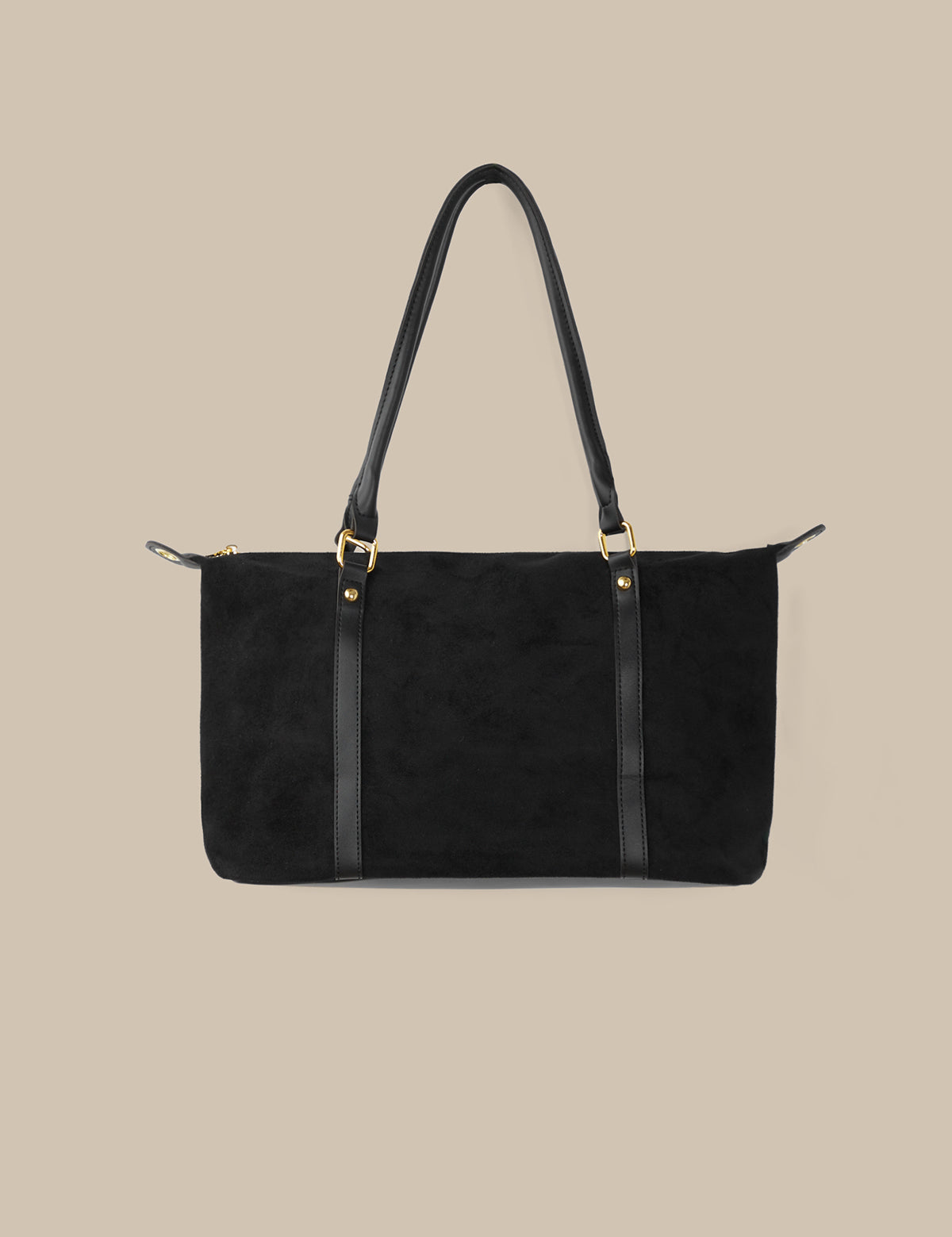Gray textured handbag with a black strap on a white background