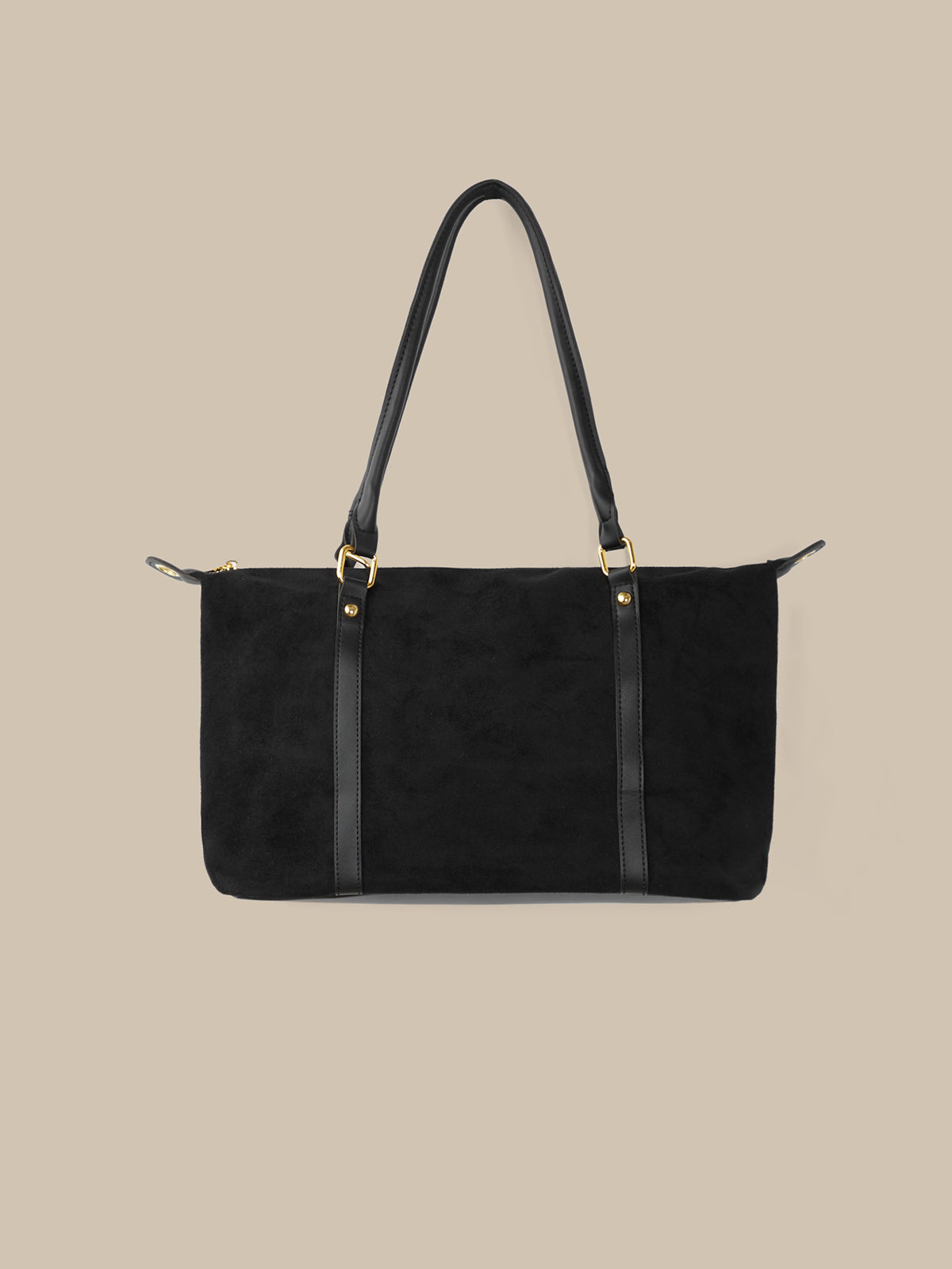Gray textured handbag with a black strap on a white background