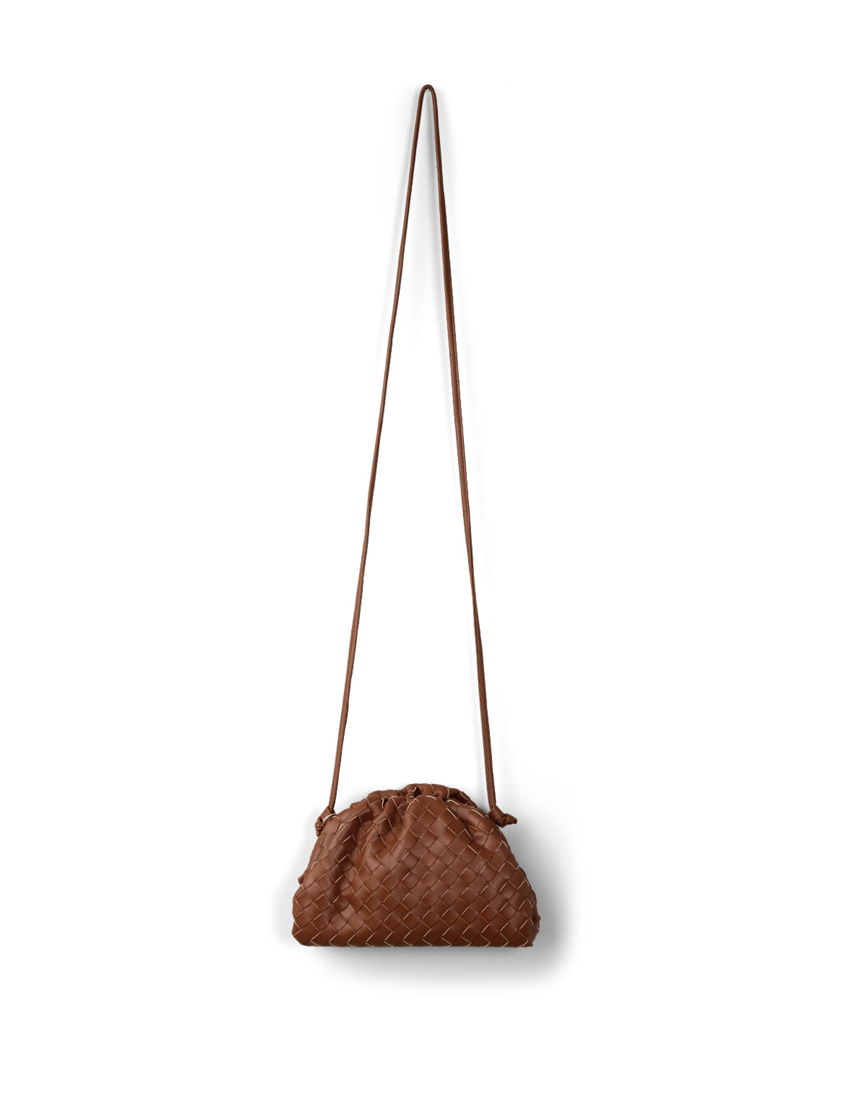Brown textured handbag with a long strap on a white background