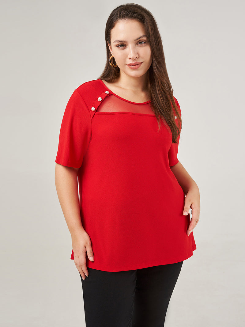 Mesh Inset Pearl Button Top