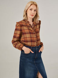 Ruffle Placket Button Down Check Shirt