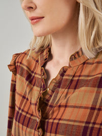 Ruffle Placket Button Down Check Shirt