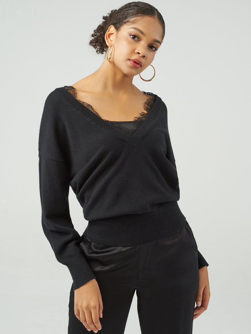 Lace Inset V-Neck Pullover