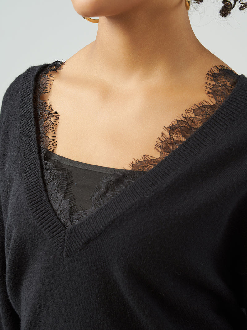 Lace Inset V-Neck Pullover