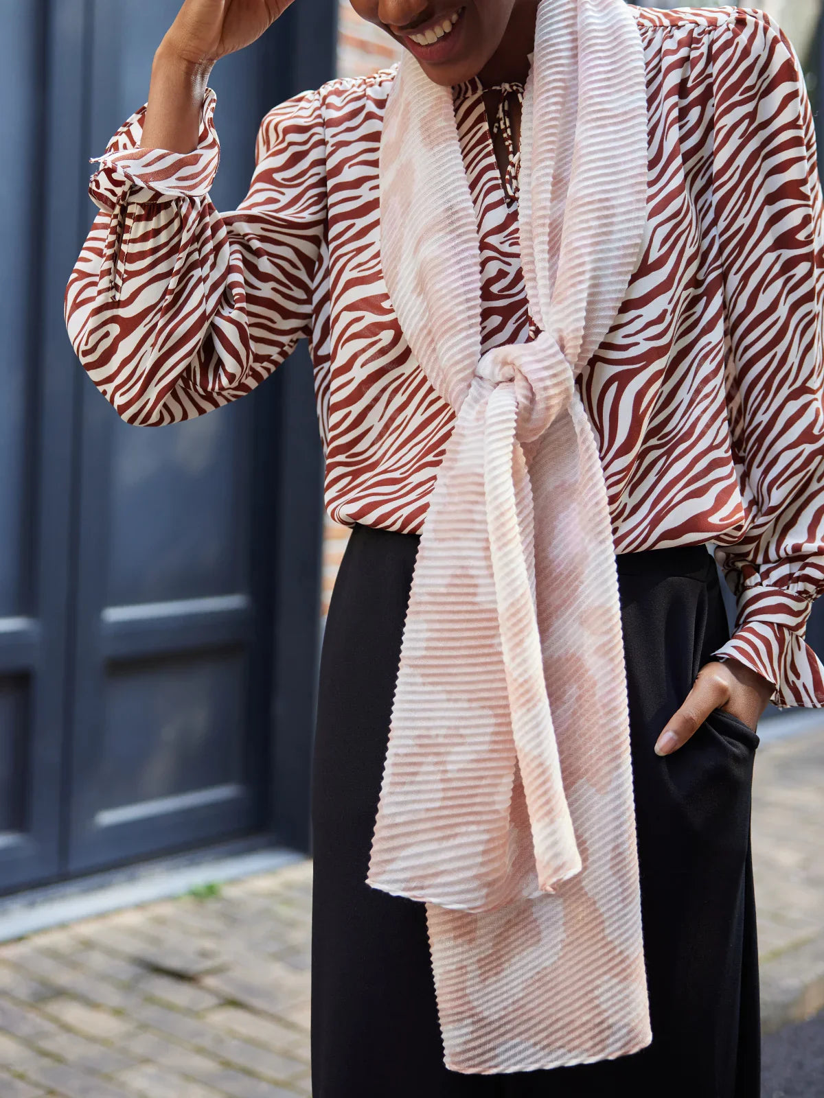 pink scarf print shirt
