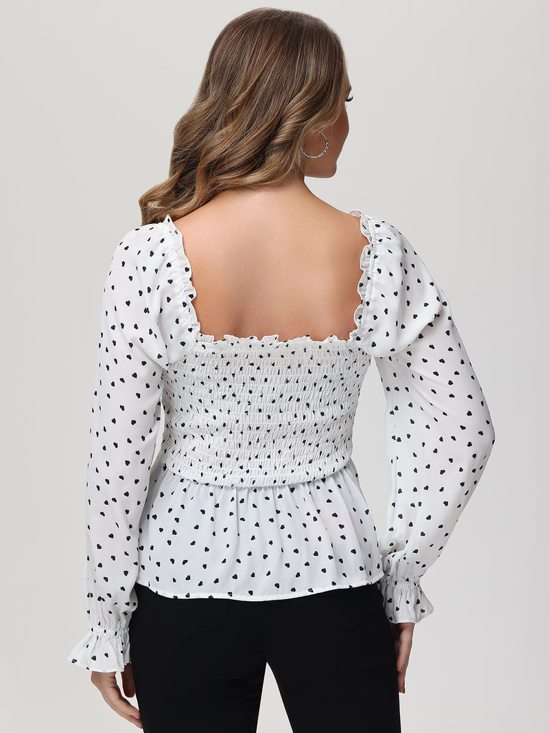 Heart Print Smocked Peplum Blouse