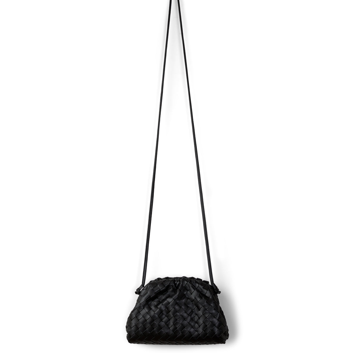 Black textured handbag with a strap on a white background