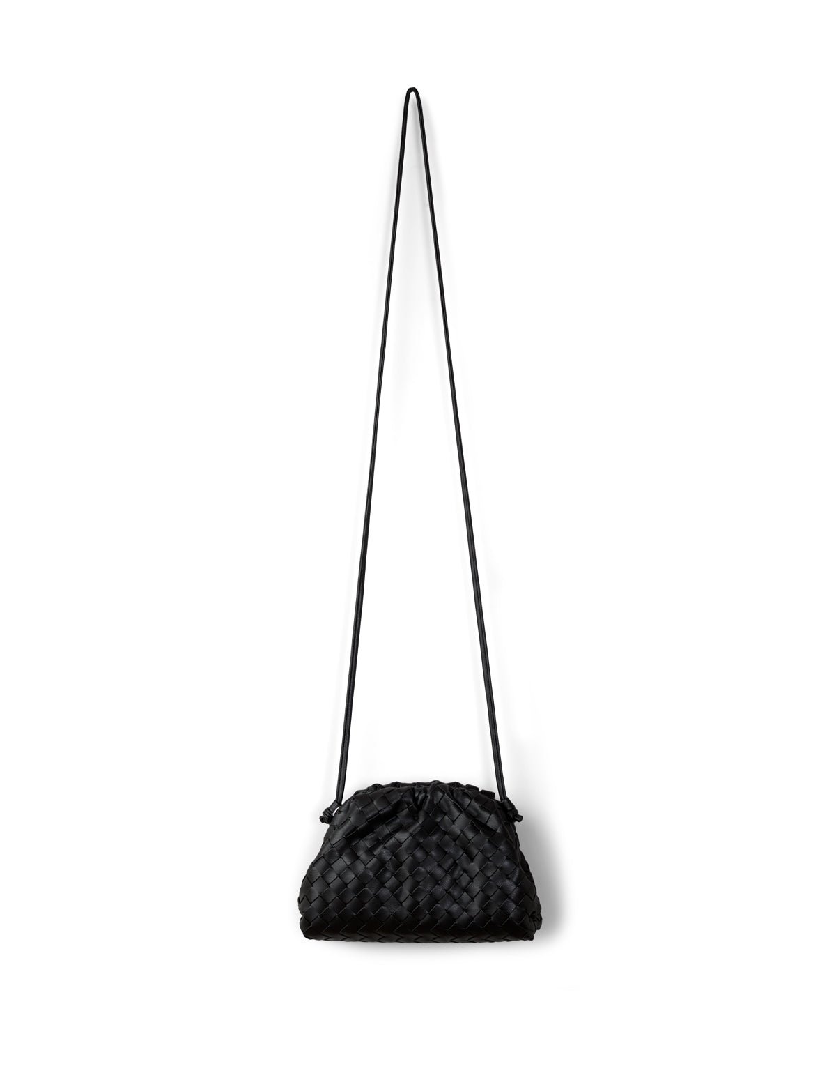 Black textured handbag with a strap on a white background