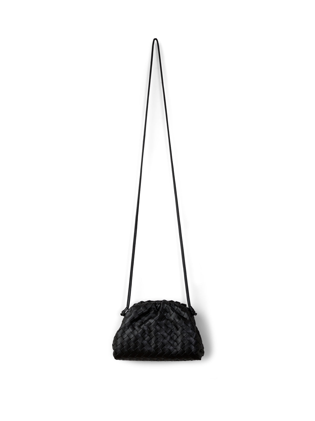 Black textured handbag with a strap on a white background