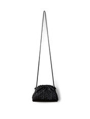 Black textured handbag with a strap on a white background