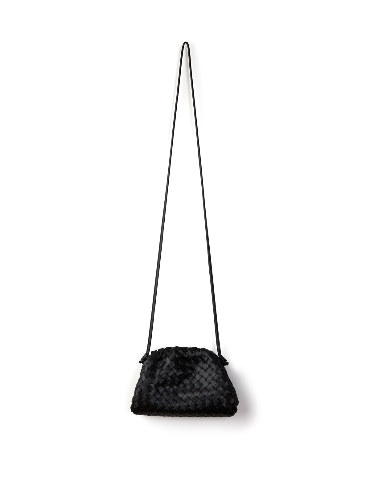 Black woven handbag with a long strap on a white background