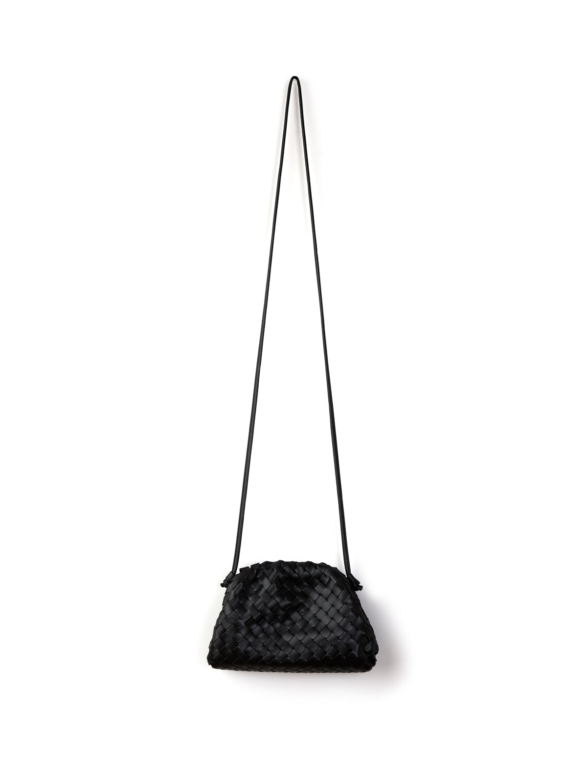 Black woven handbag with a long strap on a white background