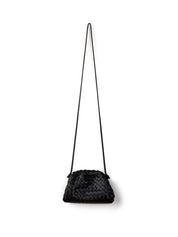 Black woven handbag with a long strap on a white background