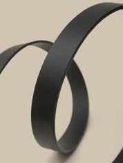 Close-up of a black leather belt on a beige background