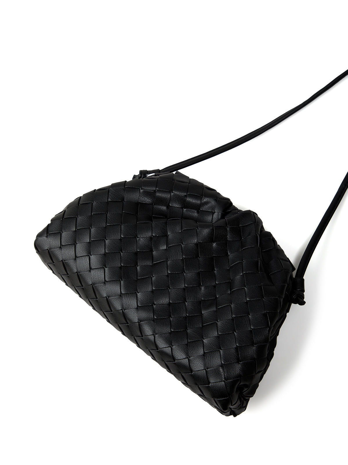 Black woven drawstring bag on a white background