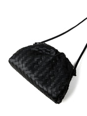 Black woven drawstring bag on a white background