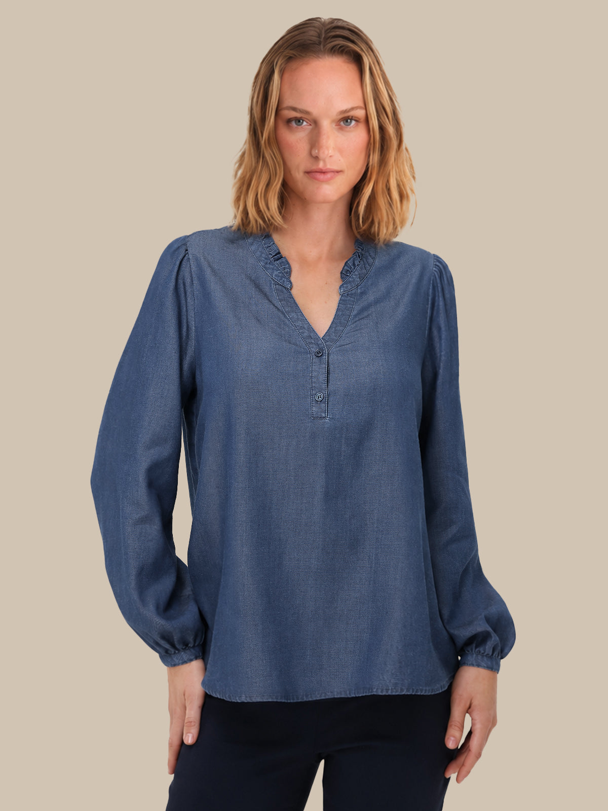 Ruffle Neck Denim Popover Shirt