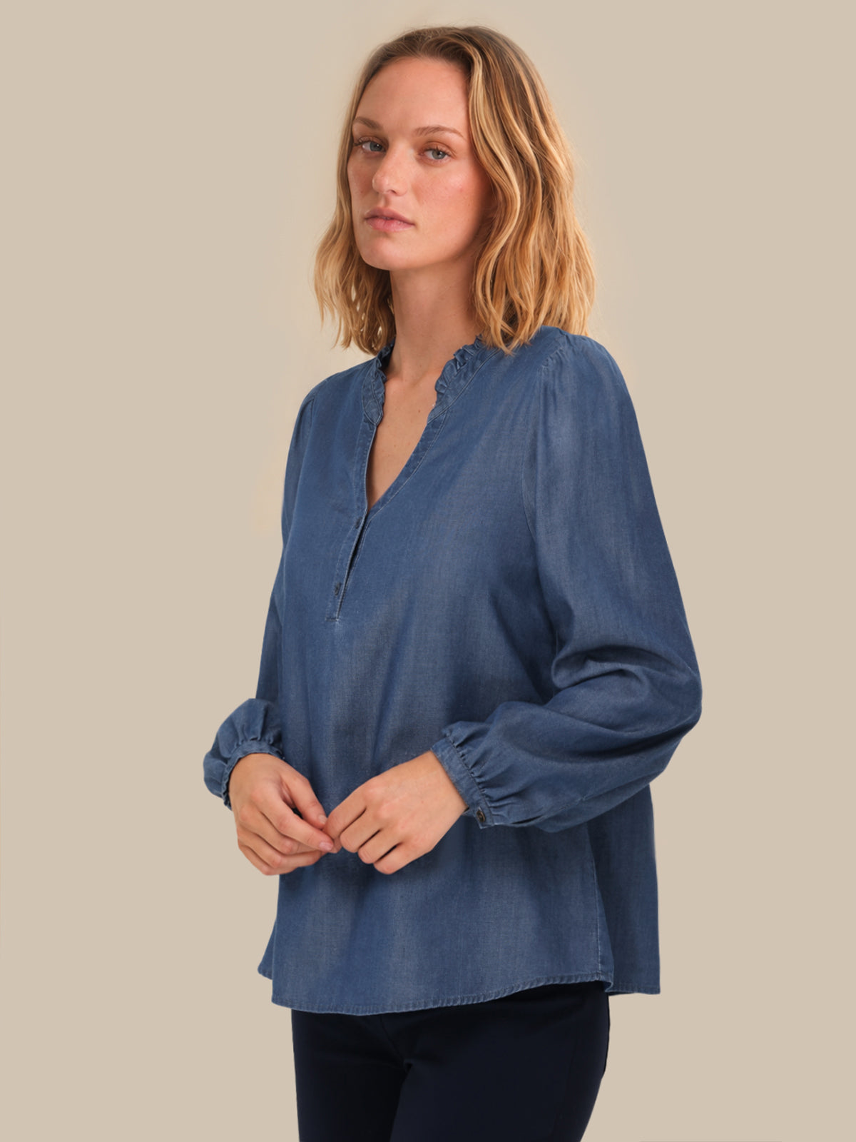 Ruffle Neck Denim Popover Shirt