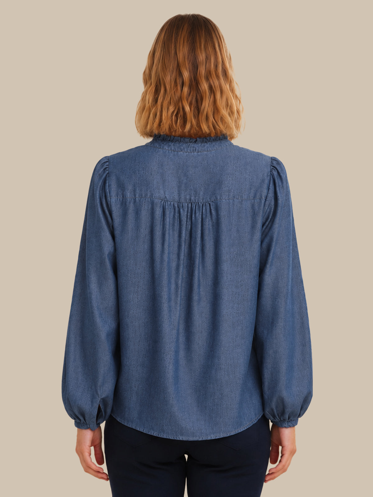 Ruffle Neck Denim Popover Shirt