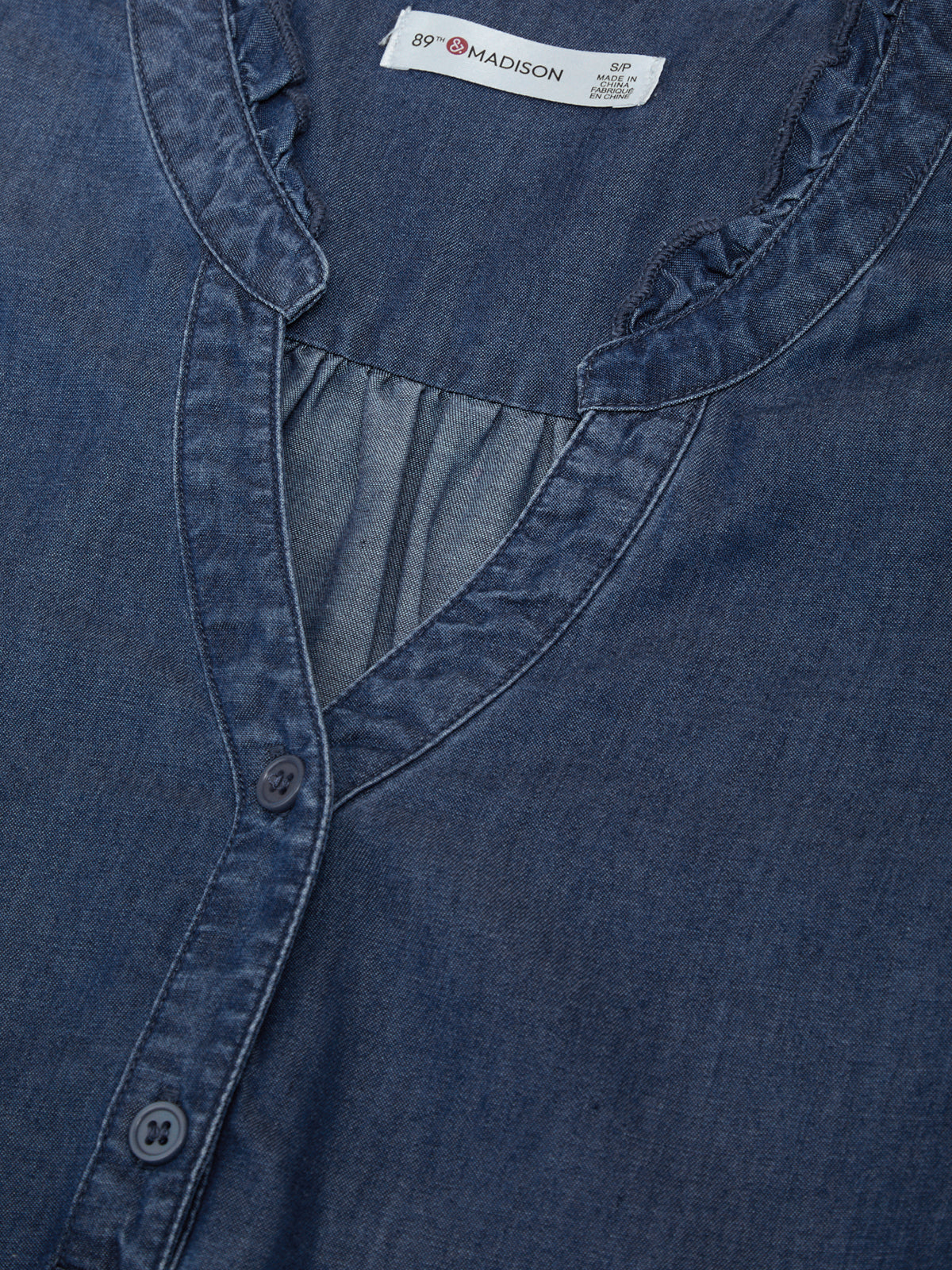 Ruffle Neck Denim Popover Shirt