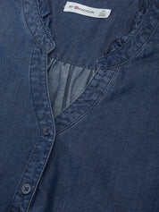 Ruffle Neck Denim Popover Shirt
