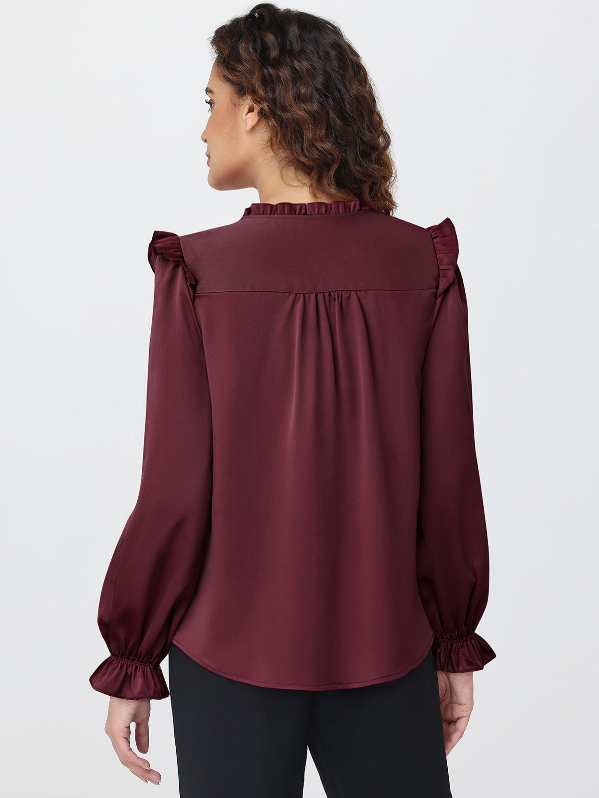 Satin Ruffle Button Front Blouse