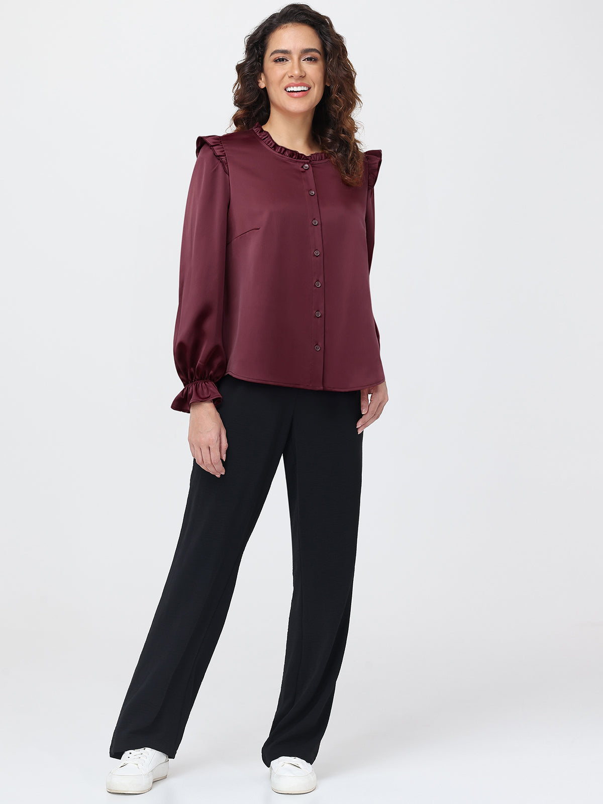 Satin Ruffle Button Front Blouse