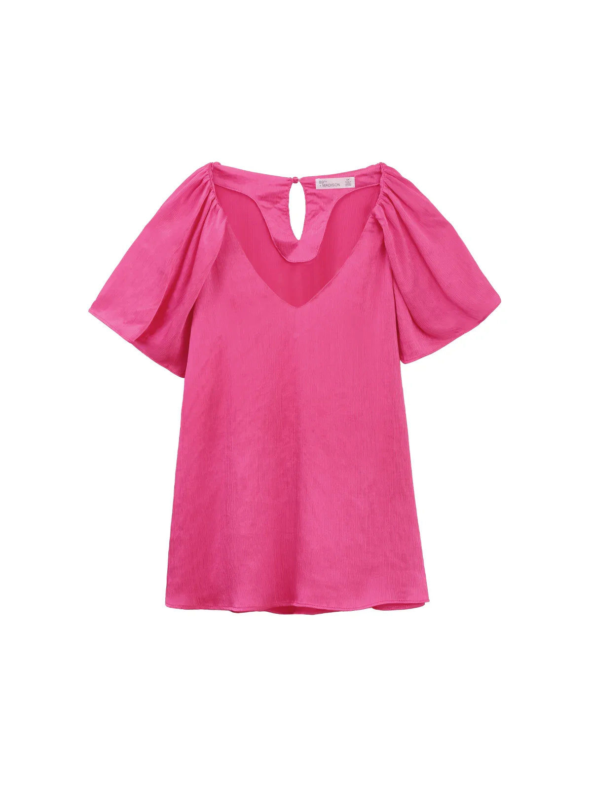 Pink women's top with puff sleeves and V-neck, modern everyday style