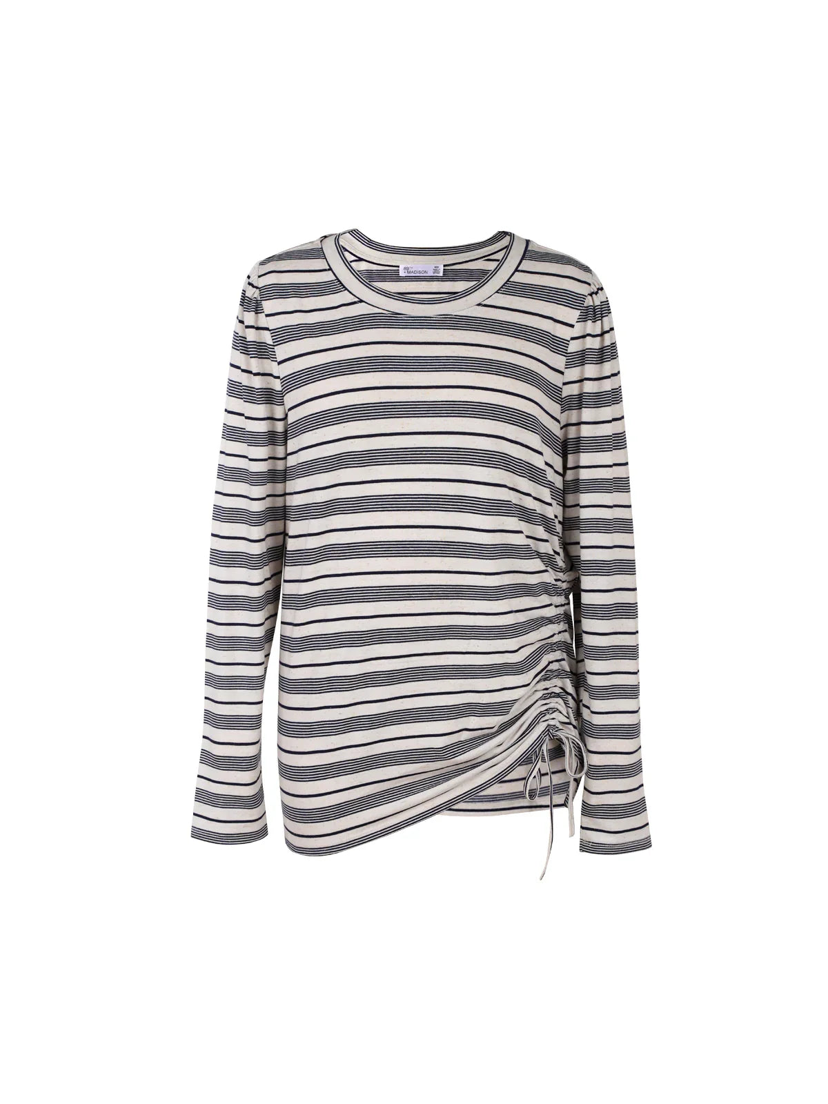 Striped long sleeve women's top with side tie detail, perfect for casual everyday wear